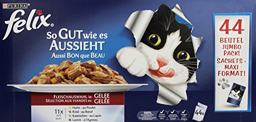 Felix Katzennassfutter in Gelee (mit Huhn, Rind, Kaninchen, Lamm) 44 x 100g Portionsbeutel von Felix