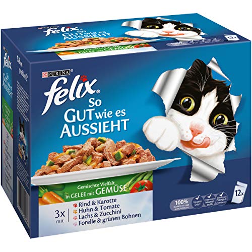 Felix So gut wie es aussieht Fleisch und Fisch Mix mit Gemüse 12 x 100 g Katzenfutter von Purina, 6er Pack (6 x 1.2 kg) von Felix