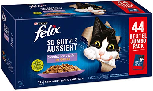 Felix Katzennassfutter So gut wie es aussieht in Gelee Geschmacksvielfalt vom Land 44x 85 g Portionsbeutel von Felix