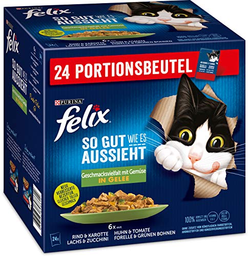 Felix Katzennassfutter So gut wie es aussieht in Gelee Geschmacksvielfalt vom Land mit Gemüse , 4er Pack (4 x 24 x 85 g )Portionsbeutel von Felix
