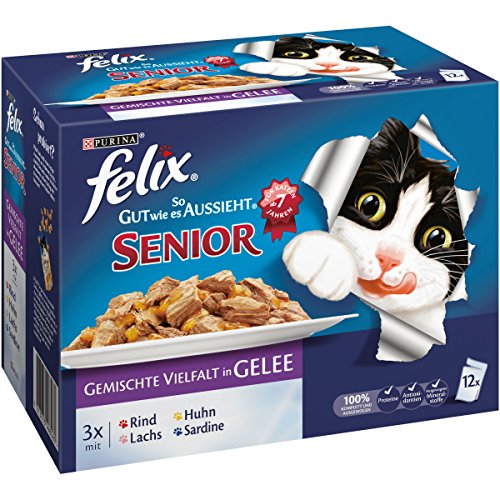 Felix Katzennassfutter So gut wie es aussieht in Gelee Senior gemischte Vielfalt, 6er Pack (6 x 12 x 100g) Portionsbeutel von Felix