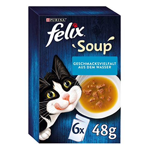 FELIX Soup, Suppe für Katzen mit zarten Stückchen, Geschmacksvielfalt aus dem Wasser, 8er Pack (8 x 6 Beutel à 48g) von FELIX