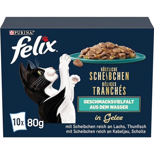 Felix Köstliche Scheibchen Katzenfutter nass in Gelee, Geschmacksvielfalt aus dem Wasser, 6er Pack (6 x 10 Beutel à 80g) von Felix