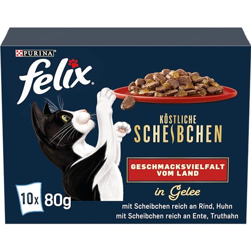 Felix Köstliche Scheibchen Katzenfutter nass in Gelee, Geschmacksvielfalt vom Land, 6er Pack (6 x 10 Beutel à 80g) von Felix