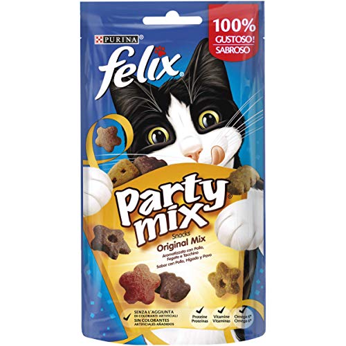 Felix Purina Party Mix Snack Katze Original Mix mit Geflügel, Fegato und Tacchin, 8 Packungen à 60 g von Felix