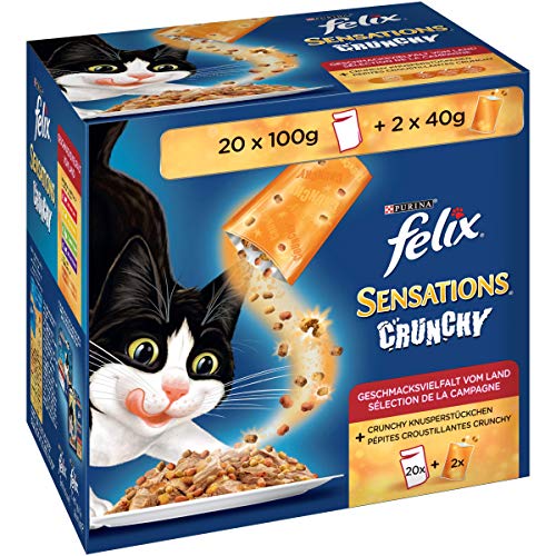Felix Katzennassfutter Sensations Crunchy in Gelee mit Crunchy Knusperstückchen Geschmacksvielfalt vom Land 20 x 100 g Portionsbeutel +2 x 40 g Knusperstückchen, 1er Pack (1 x 2.08 kg) von Felix