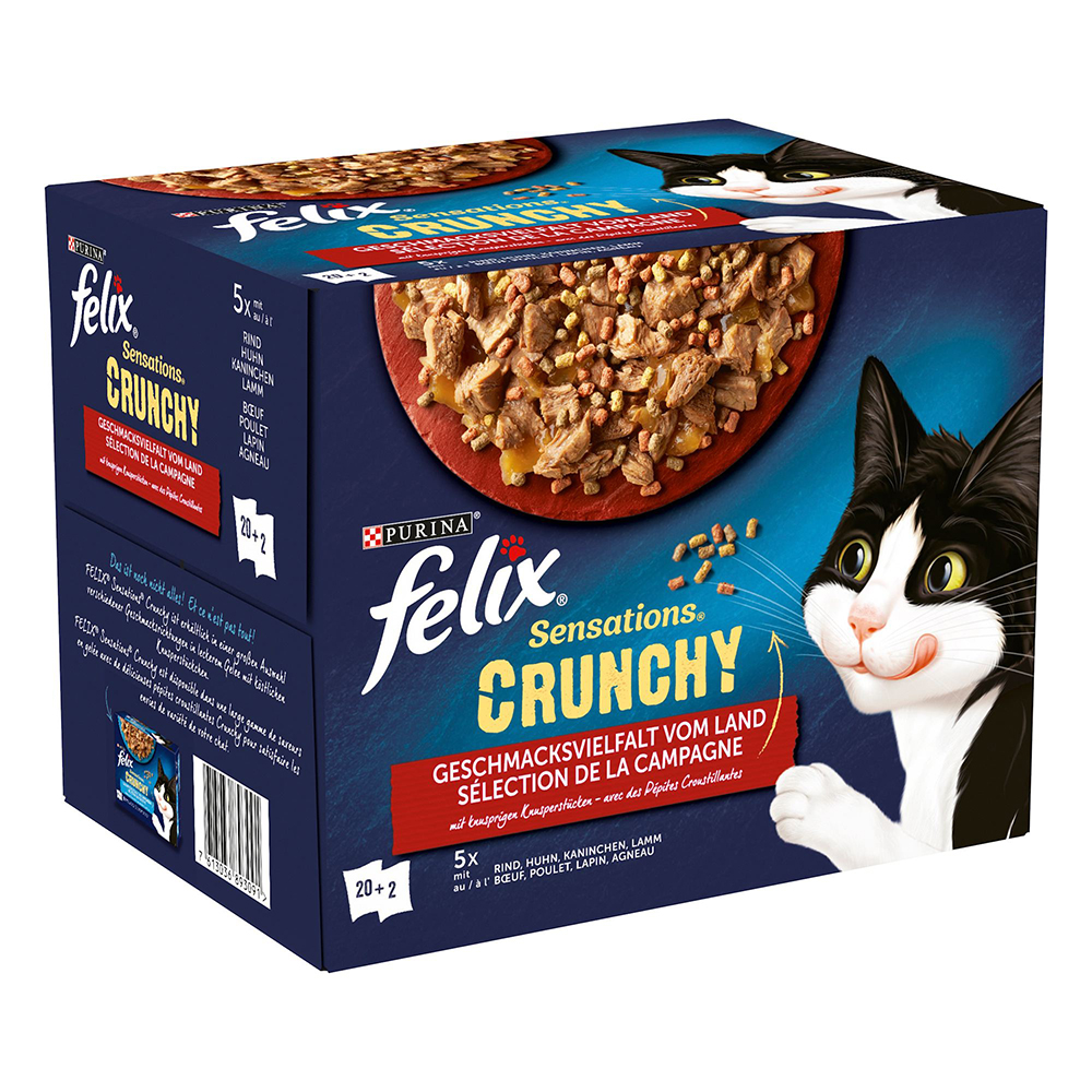 Felix "Sensations Crunchy" Pouches 20 x 85 g + 80 g Topping - Huhn, Rind, Kaninchen, Lamm von Felix