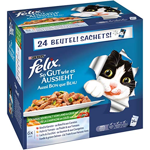 Felix So gut wie es aussieht, Katzennassfutter, Gelee Geschmacksvielfalt vom Land mit Gemüse I Adult I 4er Pack (4 x 24 x 100g) von Felix