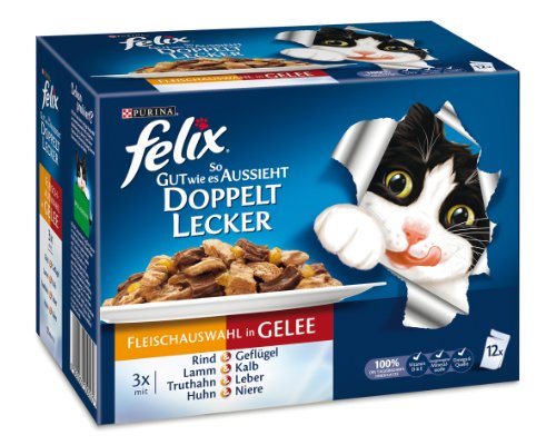 Felix So gut wie es aussieht Doppelt lecker Fleisch Mix12x100g Katzenfutter von Purina, 3er Pack (3 x 1,2 kg) von Felix