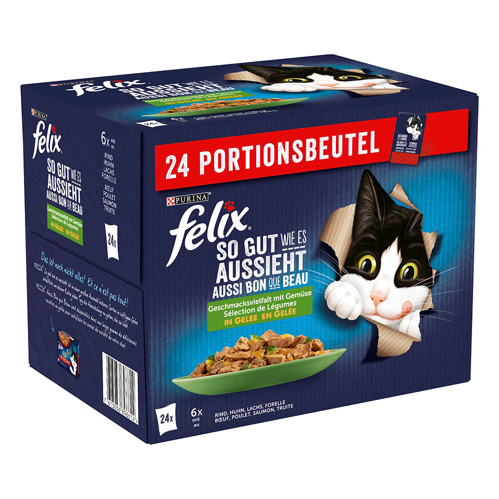 Felix "So gut wie es aussieht" Pouches 24 x 85 g - Rind & Karotte, Huhn & Tomate, Lachs & Zucchini, Forelle & Grüne Bohnen von Felix
