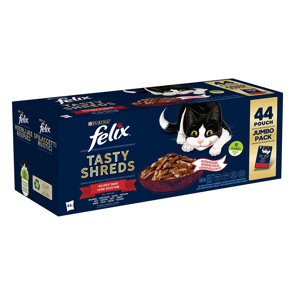 Felix "Tasty Shreds" Pouches 44 x 80 g - Geschmacksvielfalt Vom Land (Rind, Huhn, Ente und Truthahn) von Felix