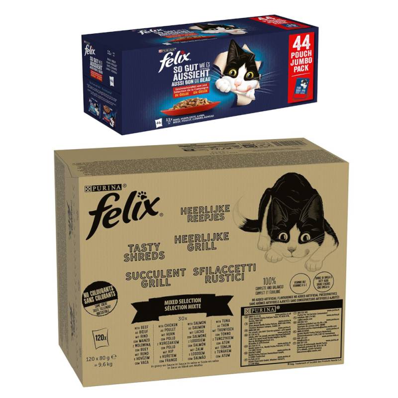 Jumbopack Felix + 44 x 85 g Pouches gratis! - 120 x 80 g "Tasty Shreds" Gemischte Auswahl + 44 x 85 g "So gut wie es aussieht" Huhn, Rind, Ente, Lamm von Felix