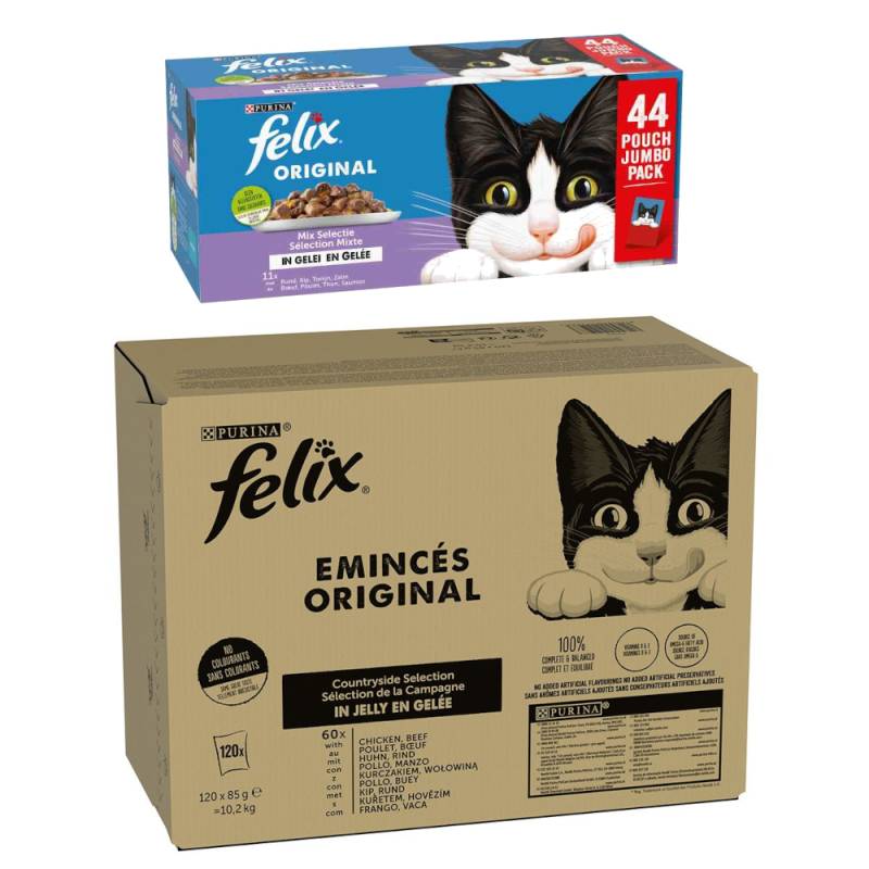 Jumbopack Felix + 44 x 85 g Pouches gratis! - 120 x 85 g Classic Rind und Huhn + 44 x 85 g Original Lachs, Thunfisch, Rind, Huhn von Felix