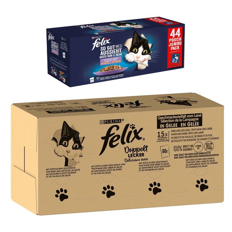 Jumbopack Felix + 44 x 85 g Pouches gratis! - 120 x 85 g "So gut wie es aussieht" Doppelt lecker + 44 x 85 g Huhn, Rind, Thunfisch, Lachs von Felix