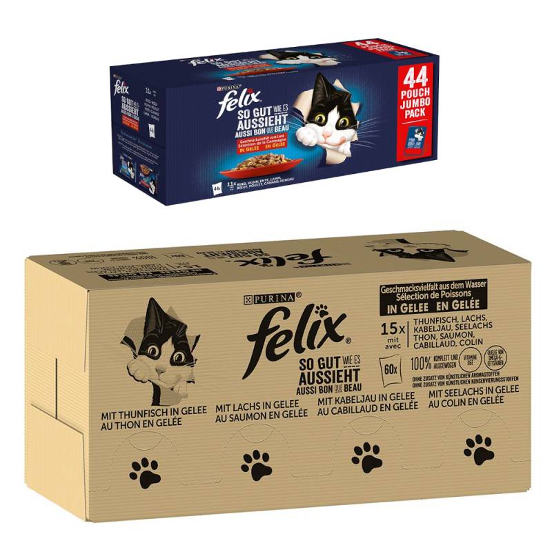 Jumbopack Felix + 44 x 85 g Pouches gratis! - 120 x 85 g "So gut wie es aussieht" Fisch Mix I +  44 x 85 g Huhn, Rind, Ente, Lamm von Felix