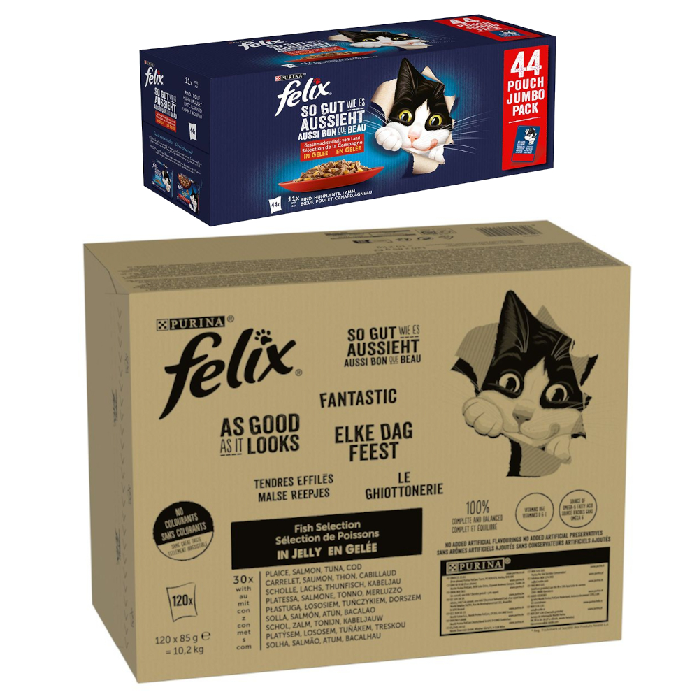 Jumbopack Felix + 44 x 85 g Pouches gratis! - 120 x 85 g "So gut wie es aussieht" Fisch Mix II + 44 x 85 g Huhn, Rind, Ente, Lamm von Felix