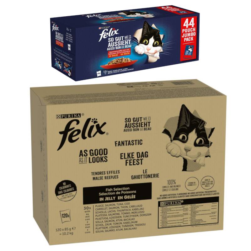 Jumbopack Felix + 44 x 85 g Pouches gratis! - 120 x 85 g "So gut wie es aussieht" Fisch Mix II + 44 x 85 g Huhn, Rind, Ente, Lamm von Felix