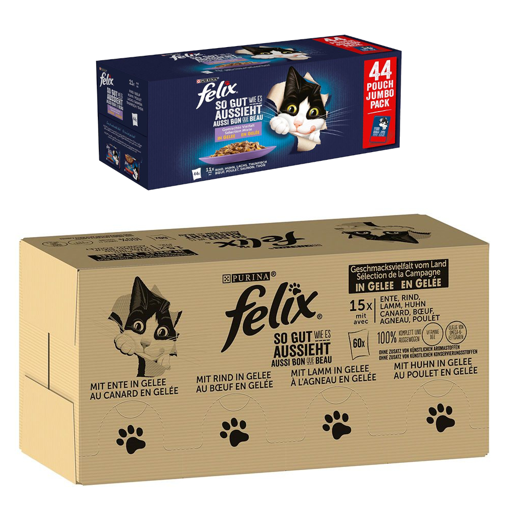 Jumbopack Felix + 44 x 85 g Pouches gratis! - 120 x 85 g "So gut wie es aussieht" Fleisch Mix I + 44 x 85 g Huhn, Rind, Thunfisch, Lachs von Felix