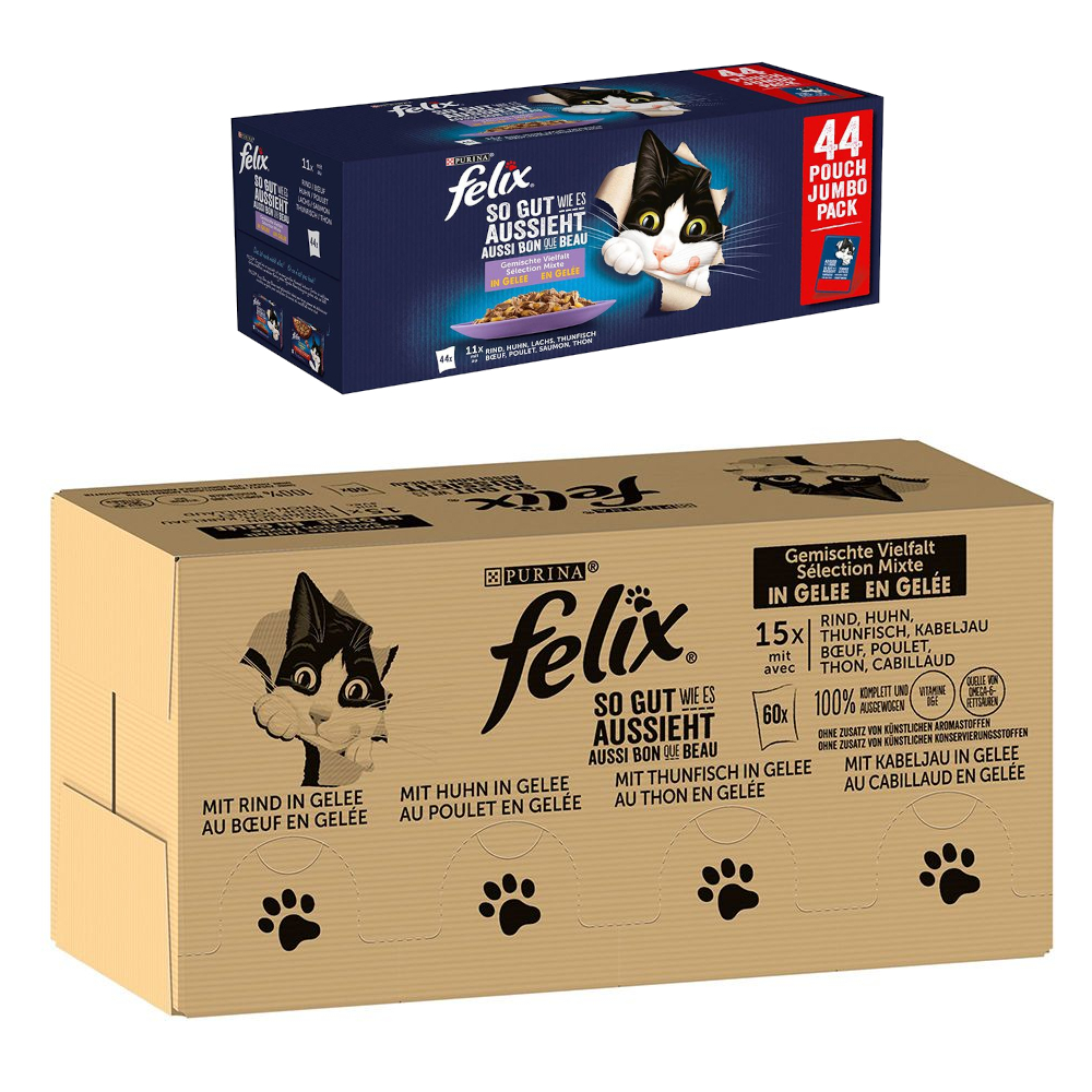 Jumbopack Felix + 44 x 85 g Pouches gratis! - 120 x 85 g "So gut wie es aussieht" Gemischte Vielfalt + 44 x 85 g Huhn, Rind, Thunfisch, Lachs von Felix