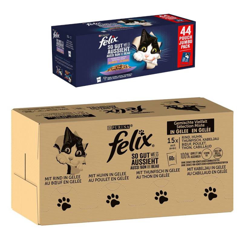 Jumbopack Felix + 44 x 85 g Pouches gratis! - 120 x 85 g "So gut wie es aussieht" Gemischte Vielfalt + 44 x 85 g Huhn, Rind, Thunfisch, Lachs von Felix