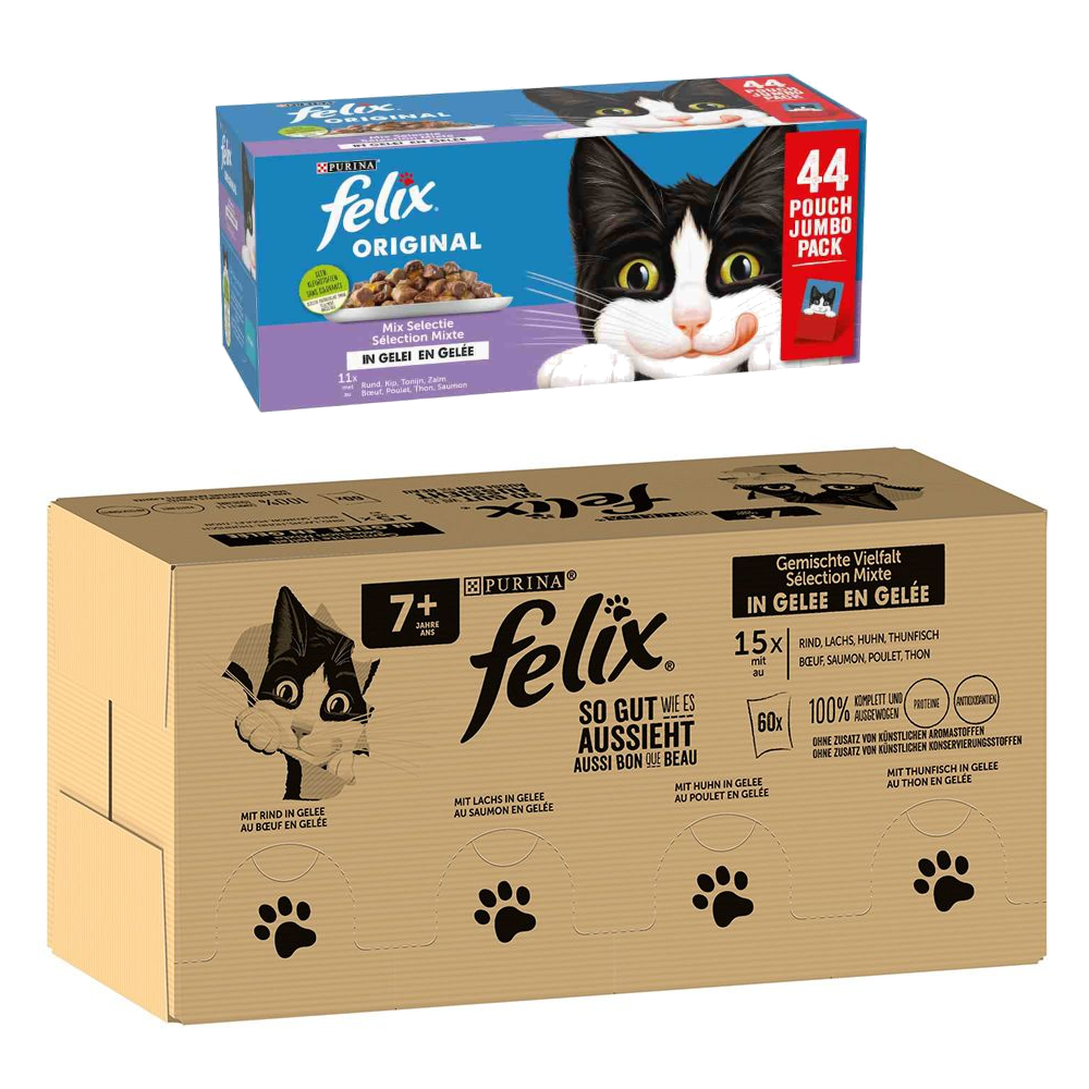 Jumbopack Felix + 44 x 85 g Pouches gratis! - 120 x 85 g "So gut wie es aussieht" Senior + 44 x 85 g Original Lachs, Thunfisch, Rind, Huhn von Felix