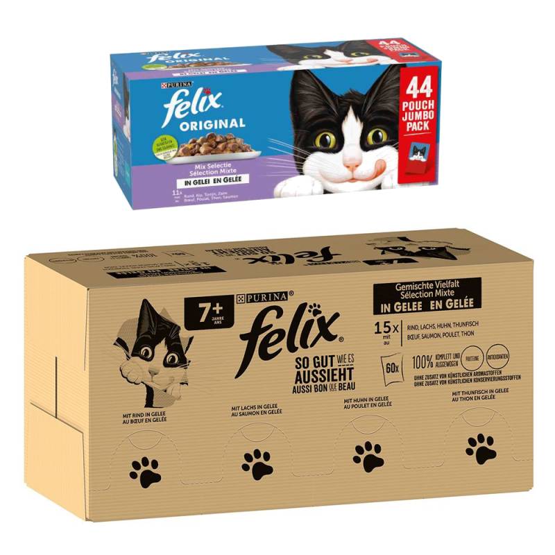 Jumbopack Felix + 44 x 85 g Pouches gratis! - 120 x 85 g "So gut wie es aussieht" Senior + 44 x 85 g Original Lachs, Thunfisch, Rind, Huhn von Felix