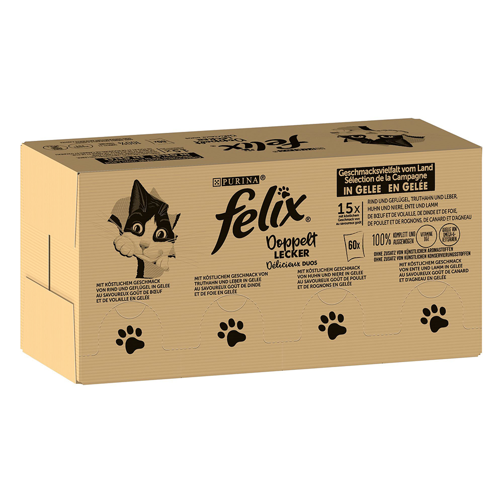 Jumbopack Felix "So gut wie es aussieht" Gelee 120 x 85 g - Doppelt lecker (Rind & Geflügel, Truthahn & Leber, Huhn & Niere, Ente & Lamm) von Felix