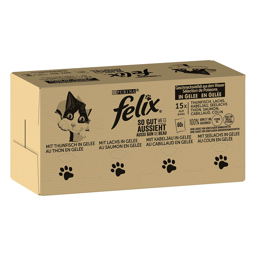 Jumbopack Felix "So gut wie es aussieht" Gelee 120 x 85 g - Fisch Mixpaket 1 (Thunfisch, Lachs, Kabeljau, Seelachs) von Felix