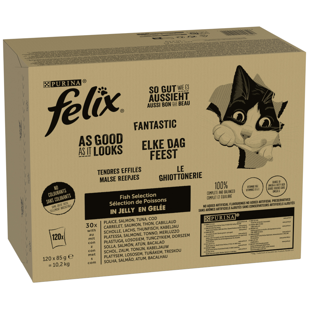 Jumbopack Felix "So gut wie es aussieht" Gelee 120 x 85 g - Fisch Mixpaket 2 (Thunfisch, Lachs, Kabeljau, Scholle) von Felix