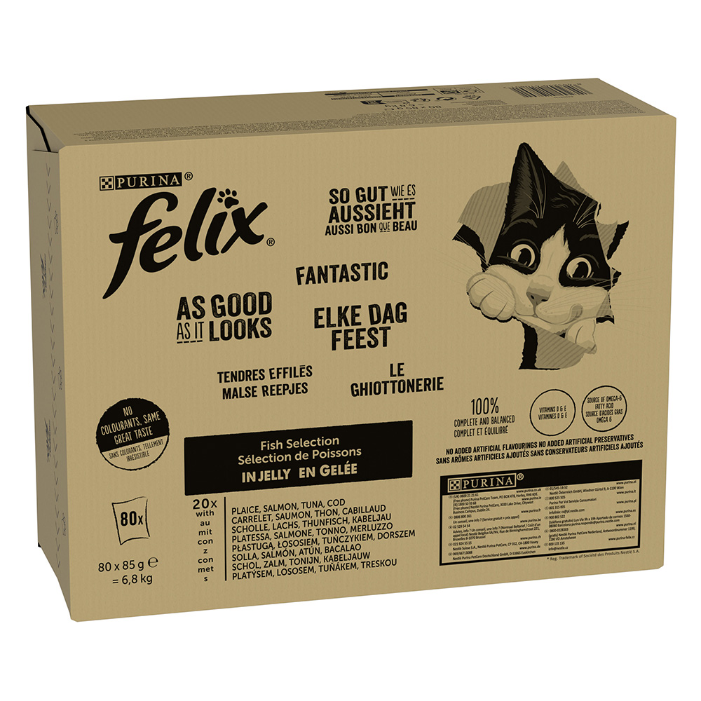Megapack Felix "So gut wie es aussieht" Pouches 80 x 85 g - Fisch Mix (Scholle, Lachs, Thunfisch, Kabeljau) von Felix