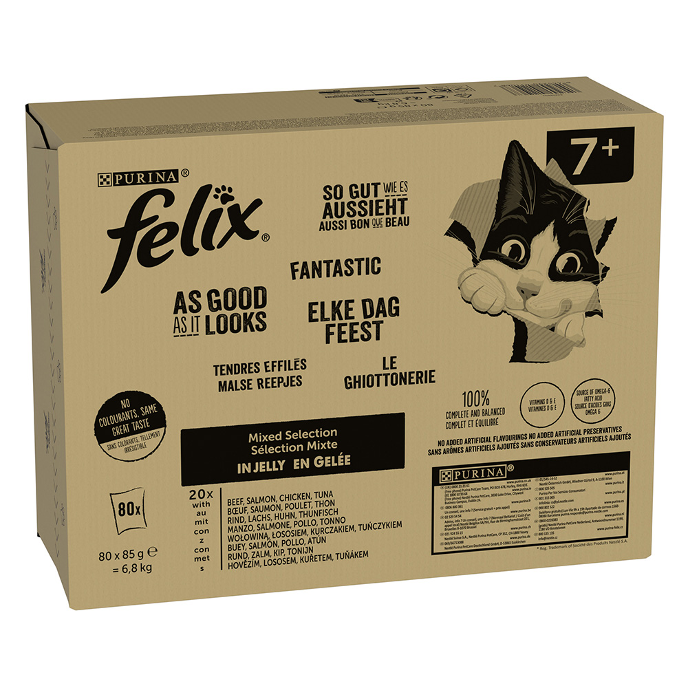 Megapack Felix "So gut wie es aussieht" Pouches 80 x 85 g - Senior Fleisch Mixpaket (Rind, Lachs, Huhn, Thunfisch) von Felix