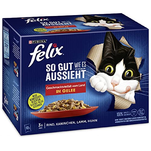 PURINA FELIX So gut wie es aussieht in Gelee Geschmacksvielfalt vom Land Katzennassfutter 12x85g Portionsbeutel von Felix
