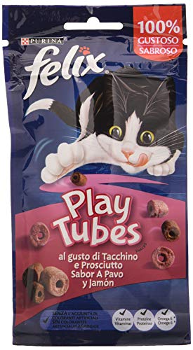 Purina Felix Katzensnack Play Tubes - 8 Packungen à 50 g für Erwachsene Katzen - Snack Katze mit Truthahn und Schinken von Felix