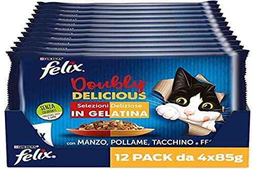 Purina Felix Le Ghiottonerie Doubly Delicious Nahrungsmittel für Katzen mit Rind und Geflügel, Tasche und Leber, 48 Beutel à 85 g von Felix