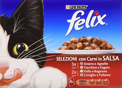 Purina Felix Nassfutter Katze Auswahl in Sauce mit Ente und Lamm, mit Truthahn und Leber, mit Huhn und Rognon und mit Hase und Geflügel - 60 Beutel zu je 100 g (6 Packungen mit 10 x 100 g) von Felix
