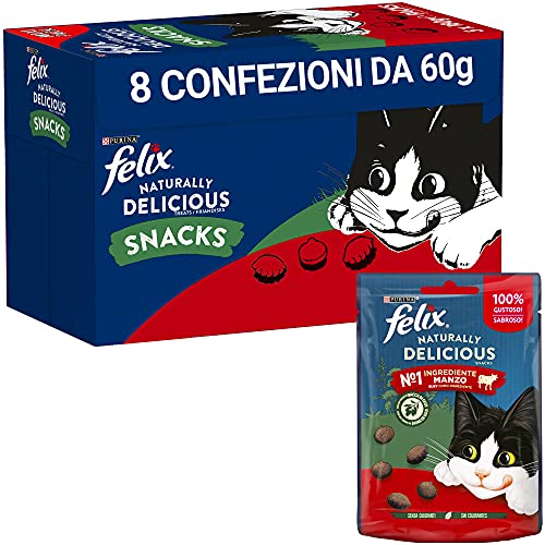 Purina Felix Naturally Delicious Snack Katze, reich an Rindfleisch mit einem Hauch von Goji-Beere, 8 Beutel à 50 g von Felix