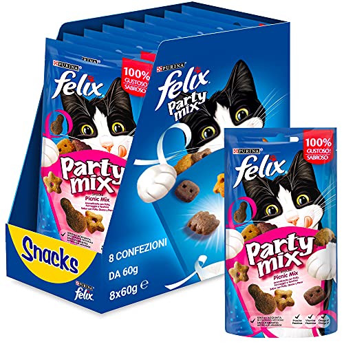 Purina Felix Party Mix Picknick Snacks, Leckereien und Leckereien für Katzen 8 x 60 g von Felix