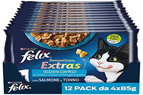 Purina Felix Sensations Extras Feuchtmittel für Katzen mit Lachs und Einer Prise Käse und Thunfisch und Einer Prise Käse, 48 Beutel à 85 g von Felix