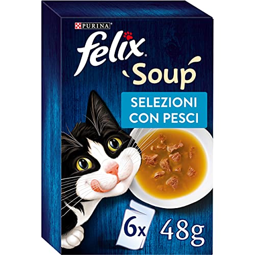 Purina Felix Soup Original Nassfutter für Katzen mit Kabeljau, Thunfisch und Platessa, 8 Packungen mit 48 Beuteln zu je 48 g von Felix