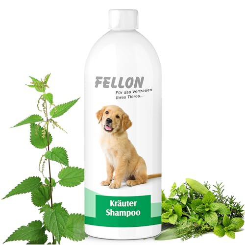 Fellon Kräutershampoo für Hunde - Sanftes Shampoo, biologisch, pH-neutral - Pflegt das Fell, verleiht Glanz - Fellpflege, Hundeshampoo, Welpenshampoo - Für alle Rassen & Größen - 1 Liter Dosierflasche von Fellon