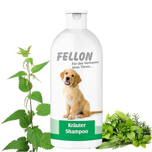 Fellon Kräutershampoo für Hunde - Sanftes Shampoo, biologisch, pH-neutral - Pflegt das Fell, verleiht Glanz - Fellpflege, Hundeshampoo, Welpenshampoo - Für alle Rassen & Größen - Dosierflasche, 500 ml von Fellon