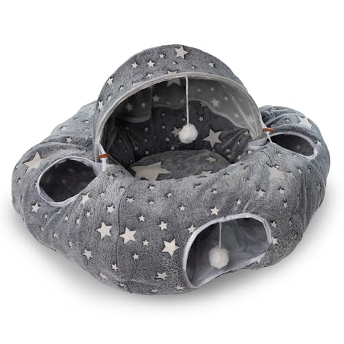 Fellbuddy's Katzenbett & Katzenhöhle – Flauschiges Katzenzubehör mit Katzentunnel, Spieltunnel & Krabbeltunnel, gemütliches Katzenkissen & UV-Leuchtfunktion (Grau - Leuchtfunktion) von Fellbuddy's