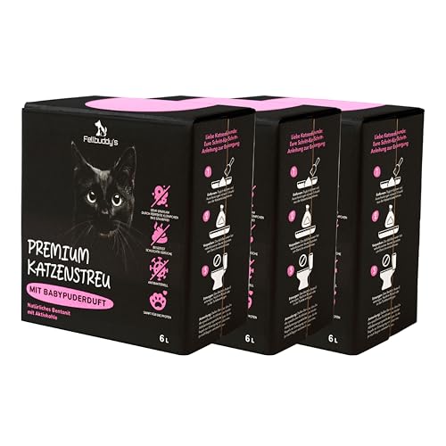 Fellbuddy’s Klumpstreu für Katzen – feines Bentonit Katzenstreu Klumpstreu fein – staubfrei, saugfähig, geruchsbindend – Babypuderduft oder Carbon Effekt – 6L & Sparpack (3X 6L Babypuderduft) von Fellbuddy's