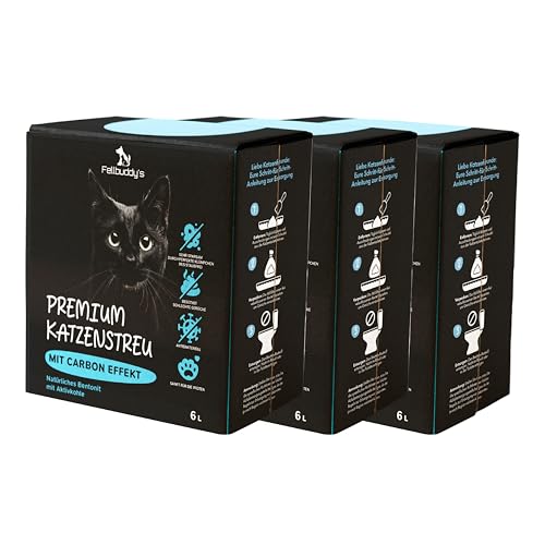 Fellbuddy’s Klumpstreu für Katzen – feines Bentonit Katzenstreu Klumpstreu fein – staubfrei, saugfähig, geruchsbindend – Babypuderduft oder Carbon Effekt – 6L & Sparpack (3X 6L Carbon Effekt) von Fellbuddy's
