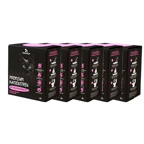 Fellbuddy’s Klumpstreu für Katzen – feines Bentonit Katzenstreu Klumpstreu fein – staubfrei, saugfähig, geruchsbindend – Babypuderduft oder Carbon Effekt – 6L & Sparpack (5X 6L Babypuderduft) von Fellbuddy's