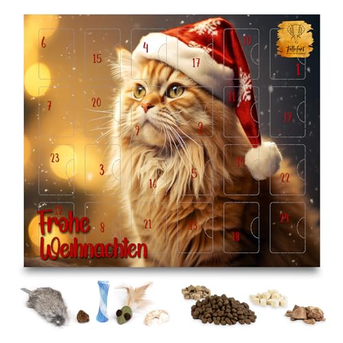 Adventskalender 2025 für Katzen - liebevoll zusammengestellter Premium-Inhalt, gefriergetrocknete Snacks und Spielzeug unter anderem aus echtem Hasenfell von Fellefant