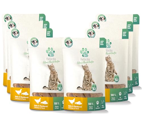 Fellicita Fellonis Katzensnacks Fleischstreifen Huhn und Flussbarsch, knackig-zart, 100% Fleisch und Fisch, 8 x 50g, Multiprotein, getreidefrei Fellicita Fellonis Katzensnacks Fleischstreifen Huhn und Flussbarsch, knackig-zart, 100% Fleisch und Fisch, 8 x 50g, Multiprotein, getreidefrei von Fellicita