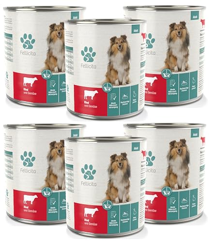 Fellicita Premium Nassfutter für Hunde - Rind & Gemüse - 6er Pack - 6 x 800g - Monoprotein, hochwertiges Hundenassfutter, getreidefrei, leckere Pastete, Alleinfuttermittel von Fellicita