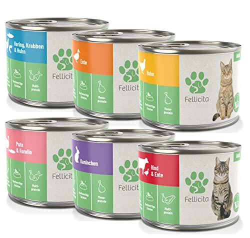 Fellicita Premium Nassfutter für Katzen, Mixpaket Nr. 1, gemischte Auswahl, 6er Pack, 6 x 200g, Mono- und Multiprotein, hochwertiges Futter, getreidefrei, leckere Pastete, Alleinfuttermittel von Fellicita