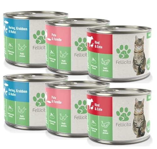 Fellicita Premium Nassfutter für Katzen, Mixpaket Nr. 3, gemischte Auswahl, 6er Pack, 6 x 200g, Multiprotein, hochwertiges Futter, getreidefrei, leckere Pastete, Alleinfuttermittel von Fellicita